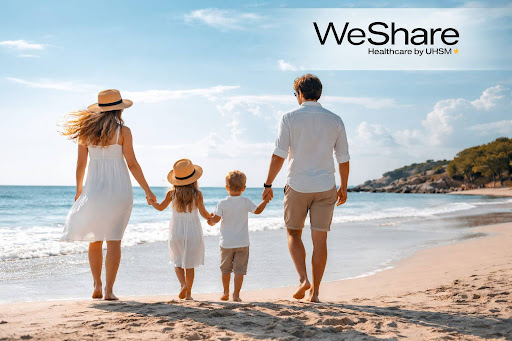 Family walking on beach at sunset, symbolizing faith, unity and trust in Health Sharing programs in the USA.